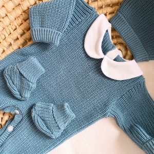 Combinaison maille bleu marine avec col blanc - 0/3 mois - personnalisable
