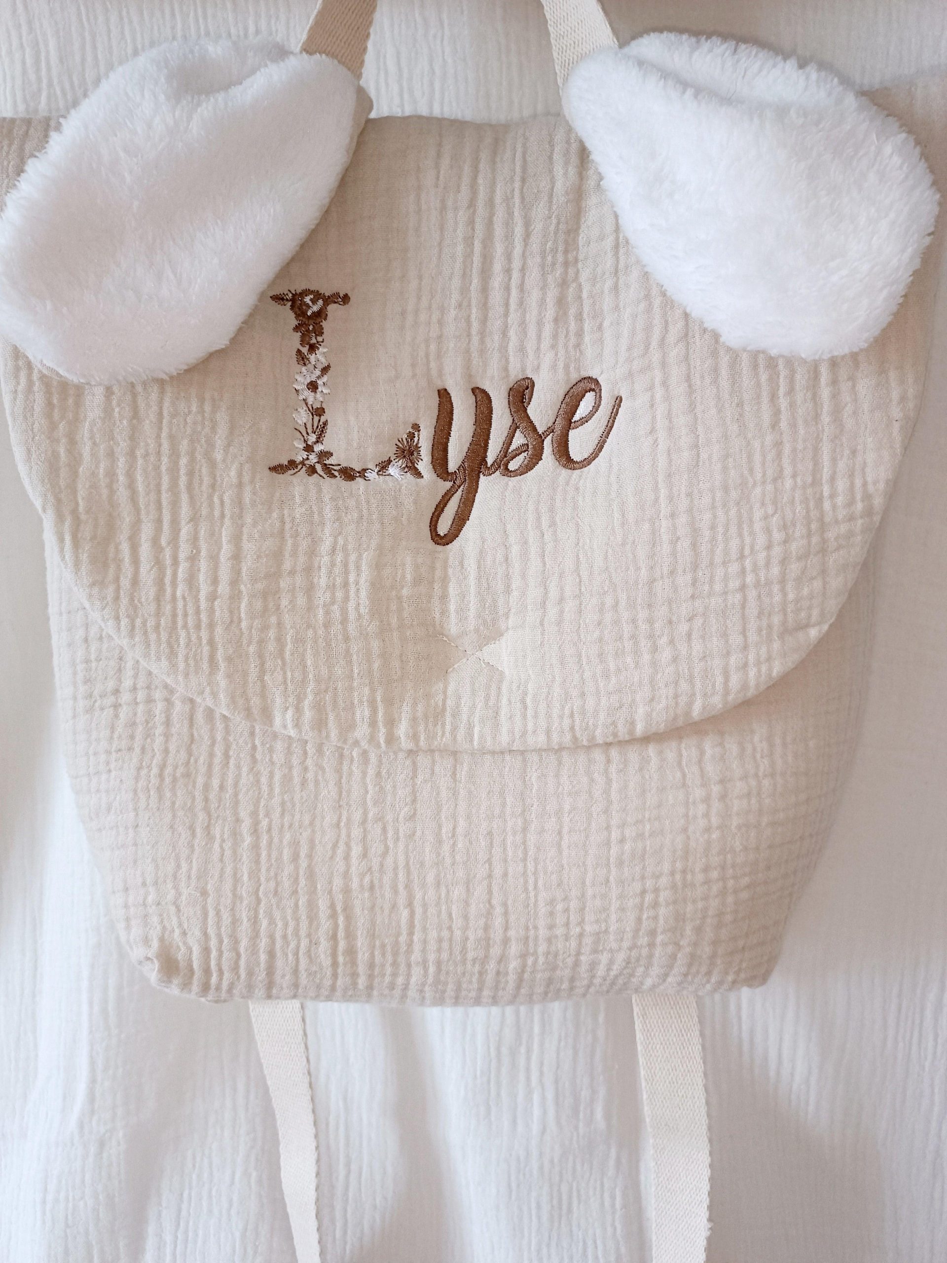Sac à dos en gaze de coton beige avec oreilles blache - personnalisable - – Image 2