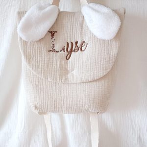Sac à dos en gaze de coton beige avec oreilles blache - personnalisable -