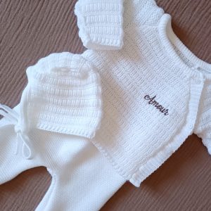 Ensemble naissance maille blanc à boutons blanc 0/3 mois - personnalisable -