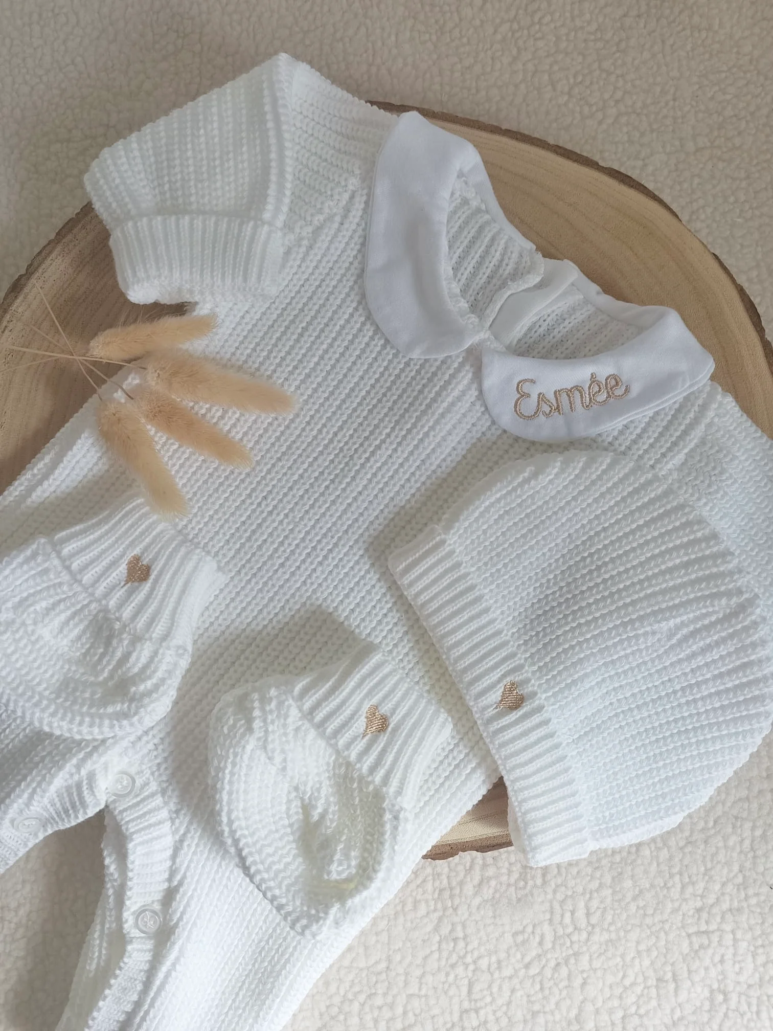 Combinaison maille blanc avec col blanc - 0/3 mois 3/6 mois et 9/12 mois - personnalisable – Image 4