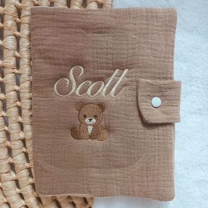 Protège carnet de santé en gaze de coton marron - personnalisable -