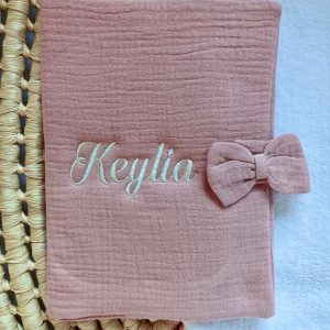 Protège carnet de santé en gaze de coton terracotta avec noeud - personnalisable -