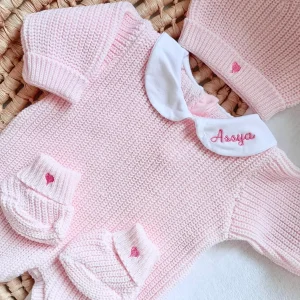 Combinaison maille rose avec col blanc - 0/3 mois - personnalisable