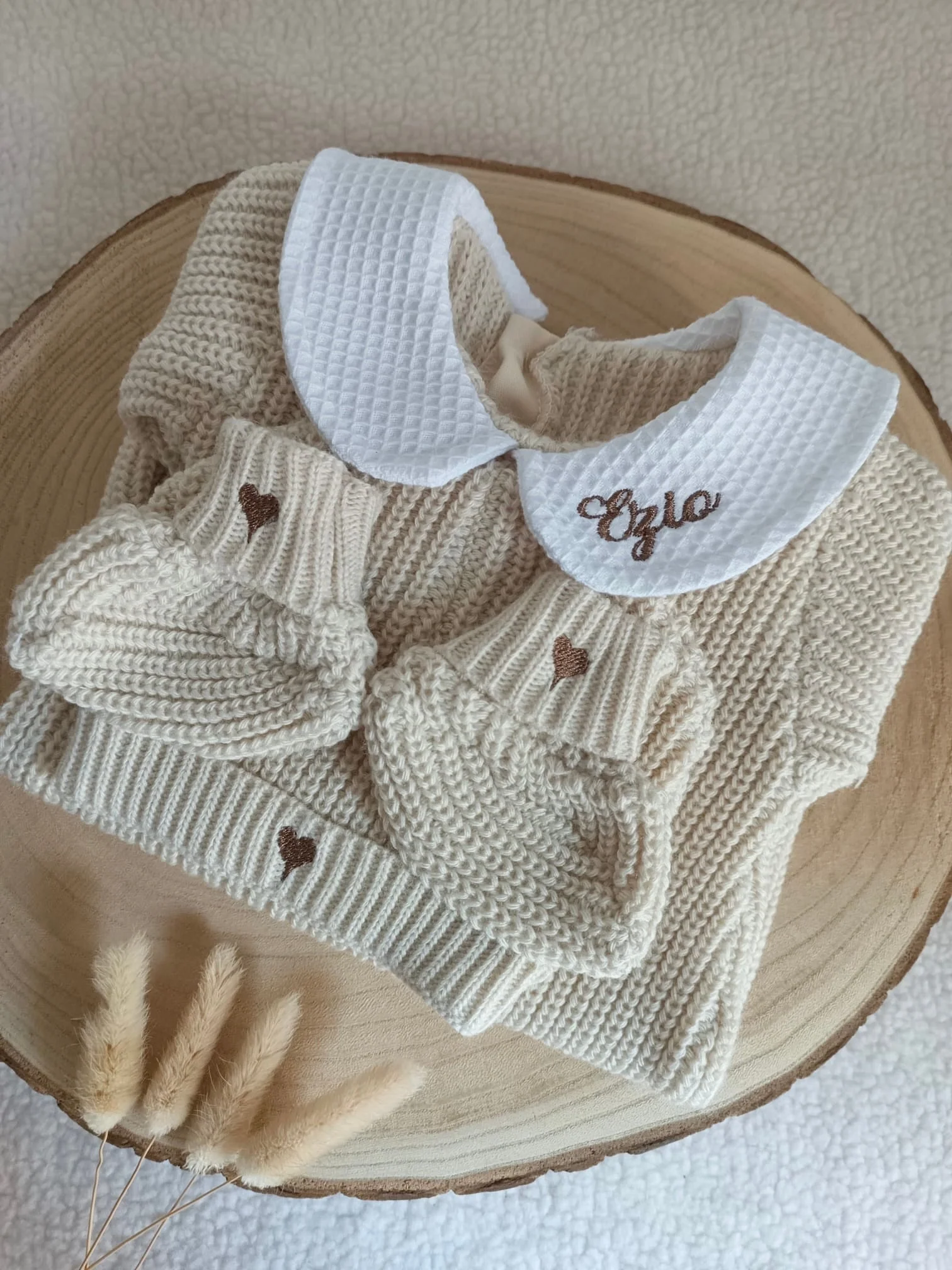 Combinaison maille beige avec col blanc - 0/3 mois 3/6mois et 9/12 mois - personnalisable – Image 5