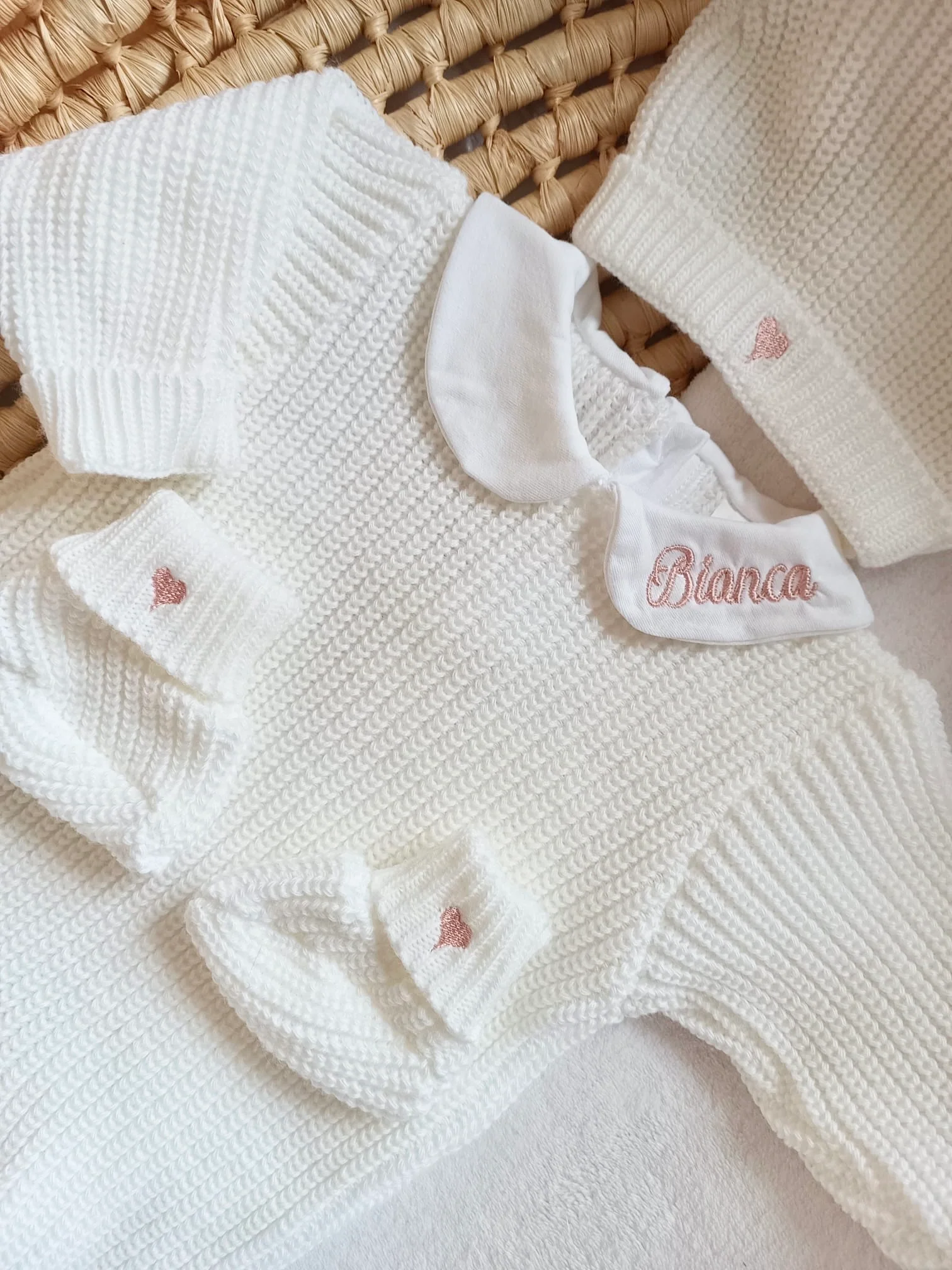 Combinaison maille blanc avec col blanc - 0/3 mois 3/6 mois et 9/12 mois - personnalisable – Image 5