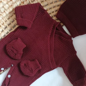 Combinaison maille bordeaux, croisé, 0/3 mois, 3 pièces - personnalisable -