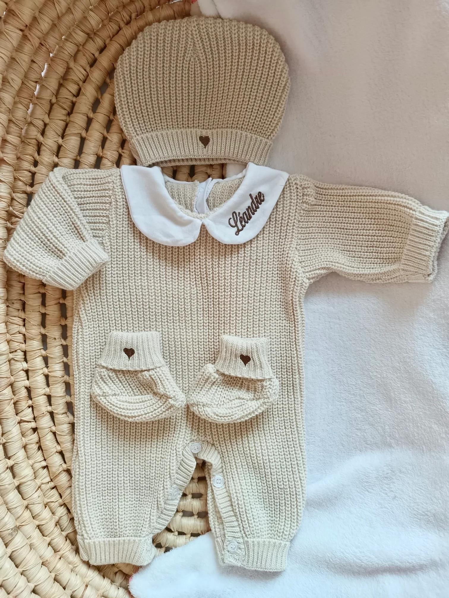 Combinaison maille beige avec col blanc - 0/3 mois 3/6mois et 9/12 mois - personnalisable – Image 3