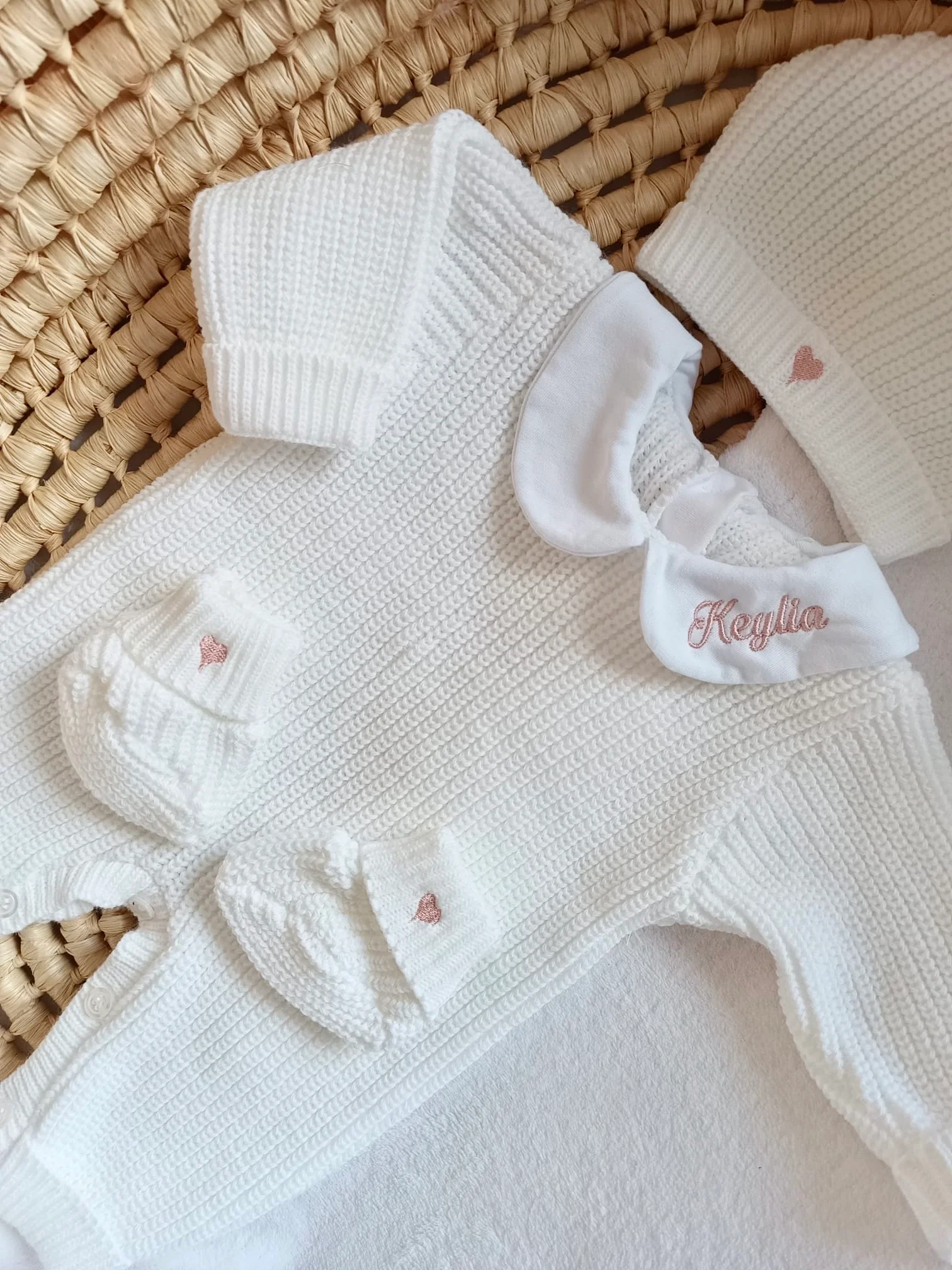 Combinaison maille blanc avec col blanc - 0/3 mois 3/6 mois et 9/12 mois - personnalisable – Image 3