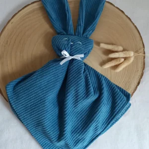 Doudou lapin yeux avec oreilles velours bleu marine
