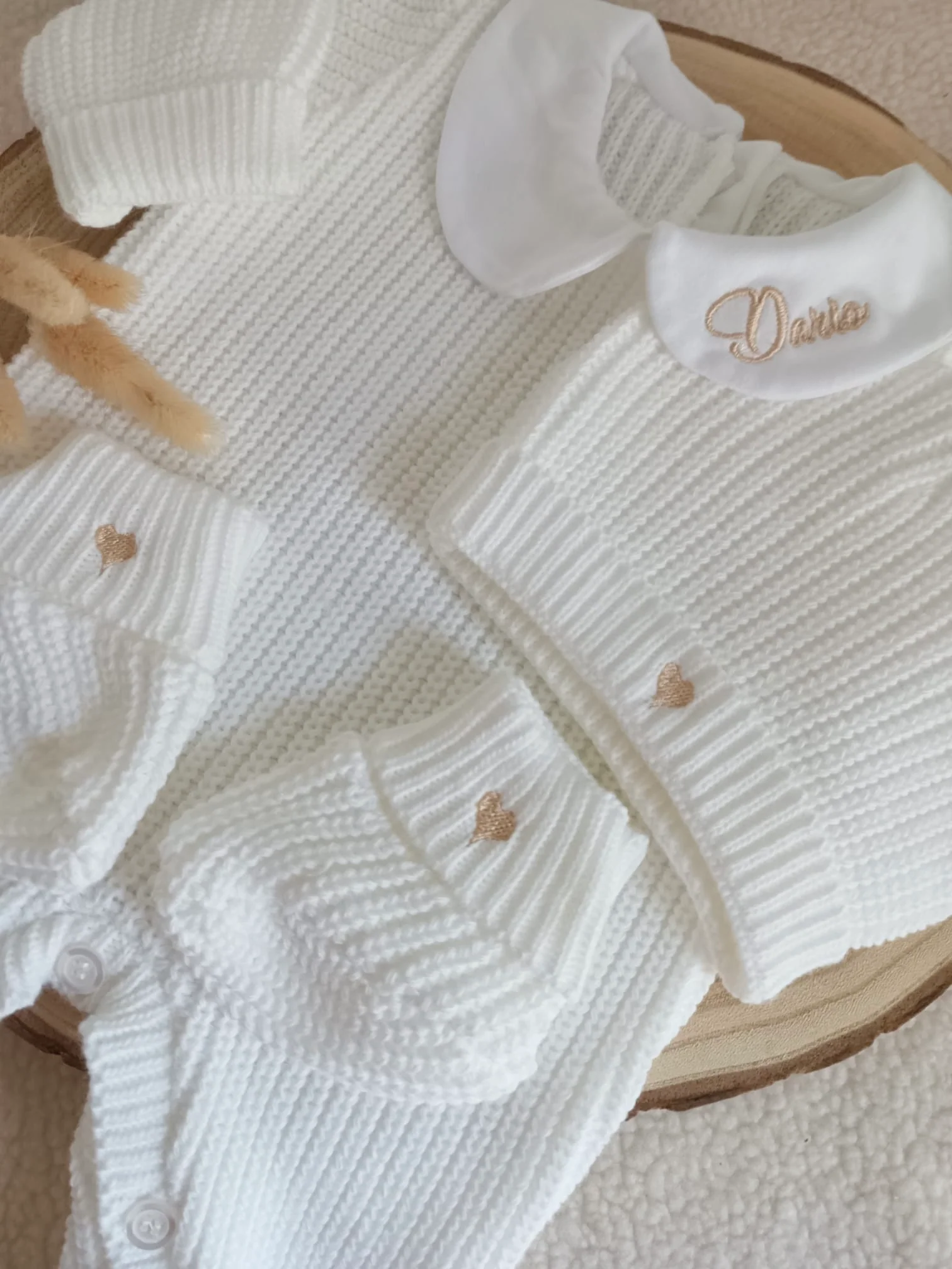 Combinaison maille blanc avec col blanc - 0/3 mois 3/6 mois et 9/12 mois - personnalisable – Image 8