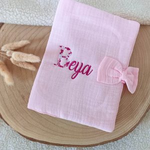 Protège carnet de santé en gaze de coton rose avec noeud - personnalisable -