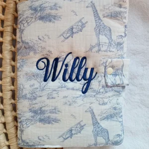Protège carnet de santé en gaze de coton safari tons bleuté- personnalisable -