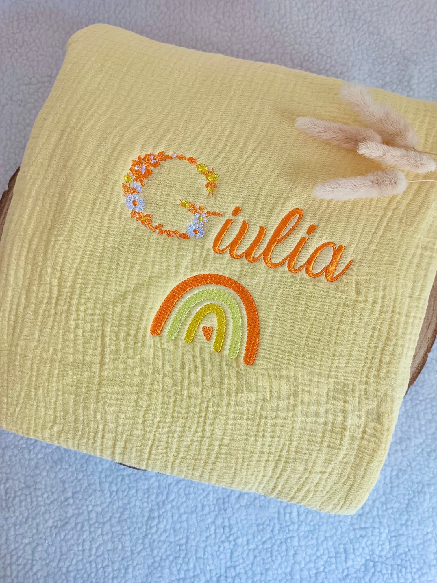 Couverture en gaze de coton et polaire jaune 90*90 – Image 3