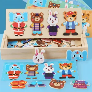 Puzzle Habillage en Bois – Éléphant & Ours à Habiller