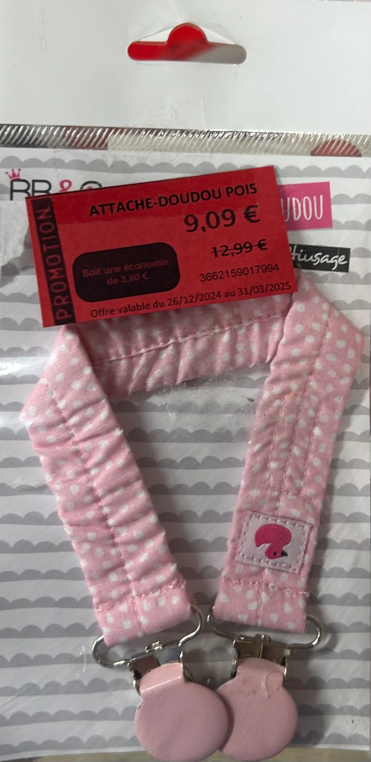 Attache doudou pour bébé BB&Co pois rose