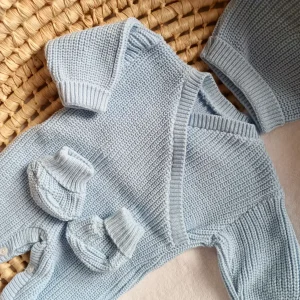Combinaison maille bleu ciel croisé, 0/3 mois, 3 pièces - personnalisable -