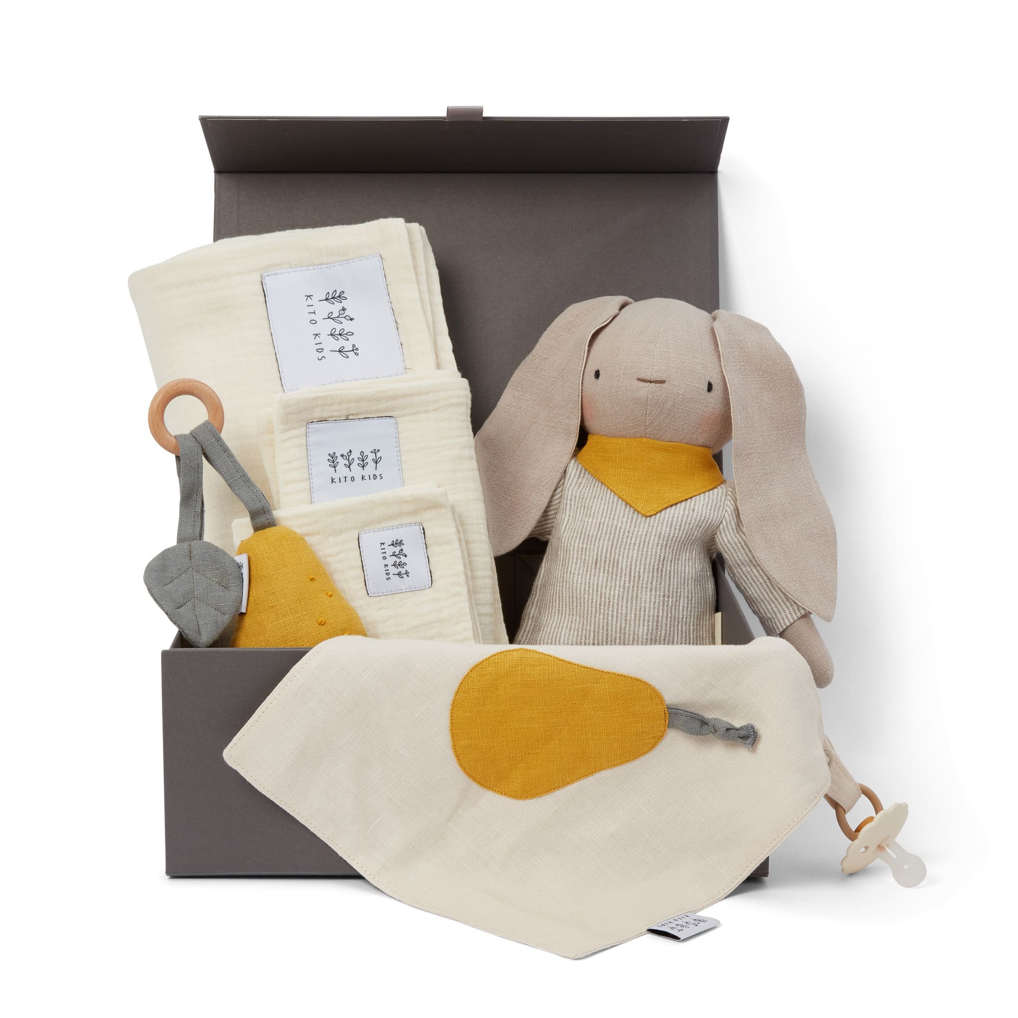 Coffret Bébé Personnalisé – Lapin Rayé Beige & Accessoires Naturels
