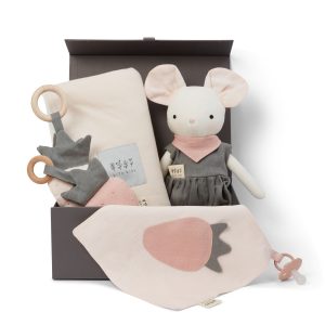 Coffret Naissance Souris Foulard rose – Cadeau Bébé Élégant & Personnalisé