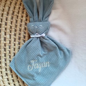 Doudou lapin yeux avec oreilles velours bleu gris