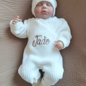 Combinaison maille blanc, croisé, 0/3 mois, 3 pièces - personnalisable -