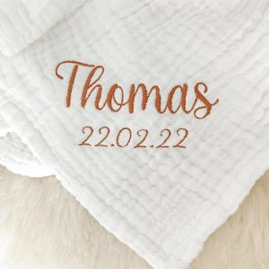 Couverture gaze de coton blanc prénom et date