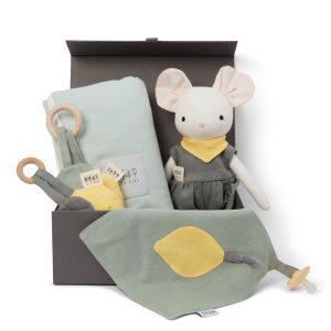 Coffret Naissance Souris – Foulard Jaune & Accessoires Bébé