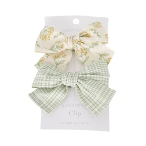 Duo de barrettes en tissu pour enfants | Beige fleuri & Sauge vichy