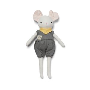 Peluche souris personnalisable, lin blanc, foulard jaune