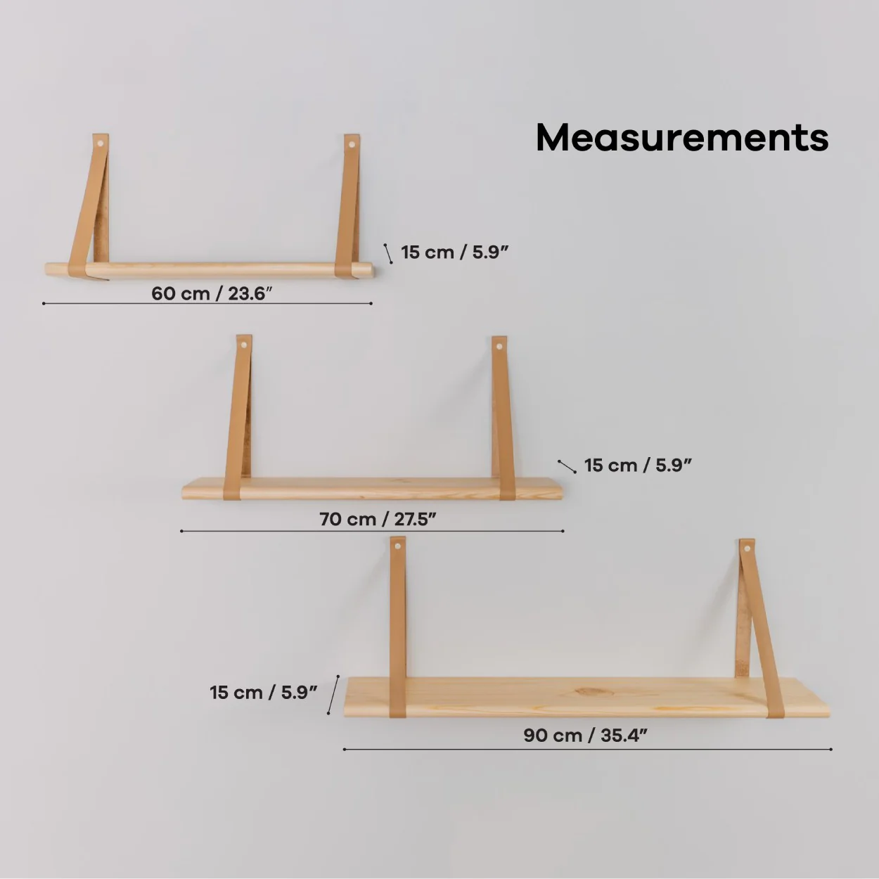 Étagère murale 60 cm – sangles en cuir – Image 6