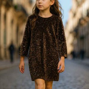 Robe fille sequins chocolat avec nœud en velours